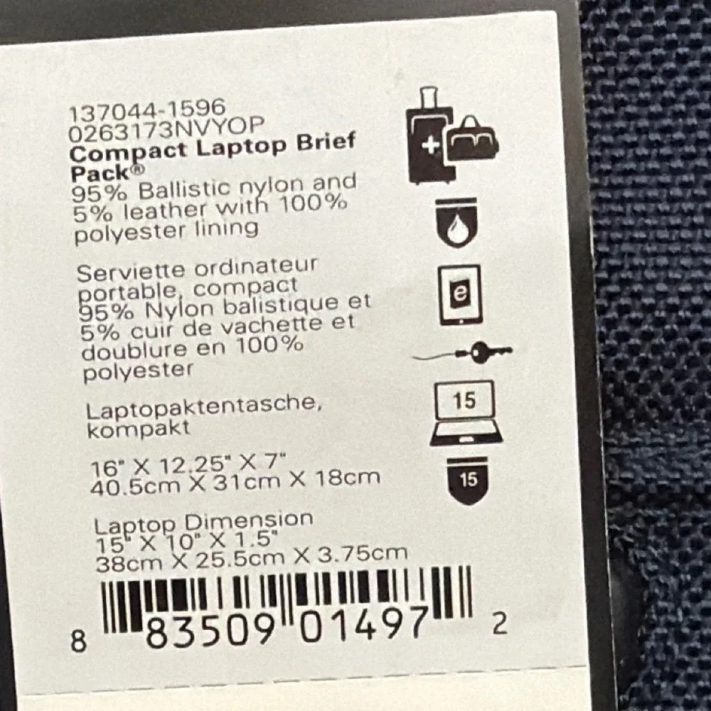 NWT TUMI Compact Laptop Brief Pack Navy‎ Blue Ballistic Nylon 0263173NVYOP